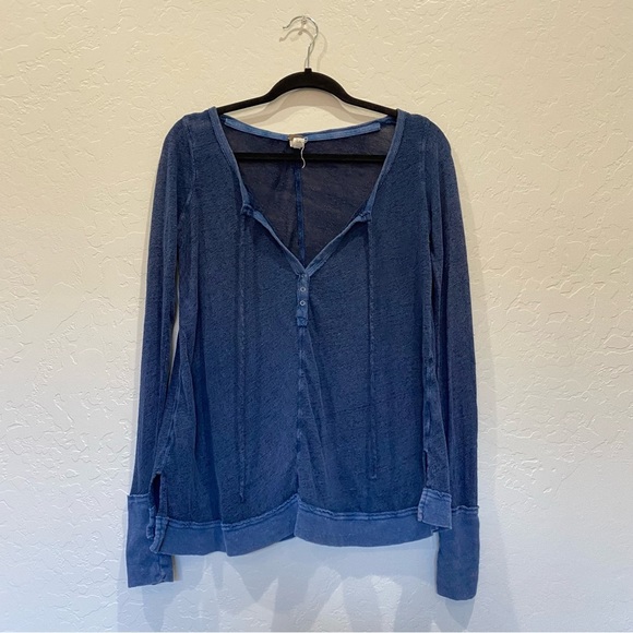 𝅺Free People Affogato Hacci Linen Blend Blouse Indigo Size S - Picture 2 of 9